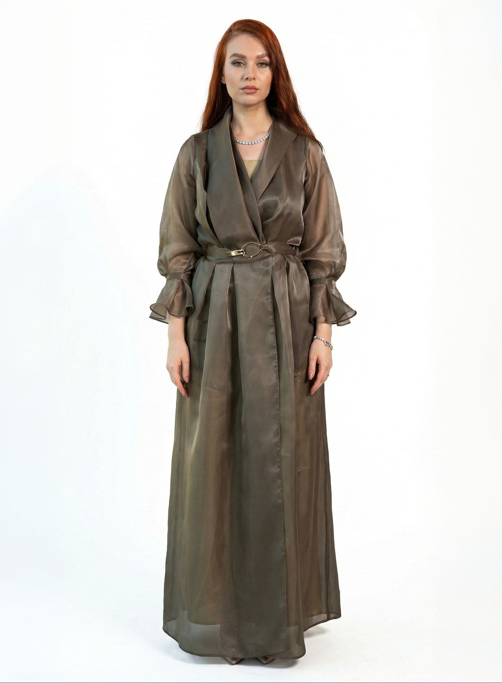 Ember Fuscous Grey Sheer Organza Robe Wrap Balloon Sleeve Gown by MOOEi — Luxury Evening Wear Dubai