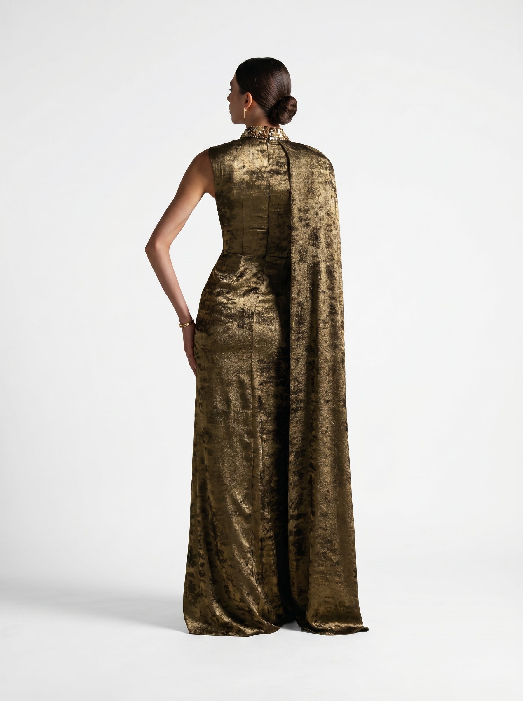 Grace Fatigue Green Cape Embellished Couture Gown