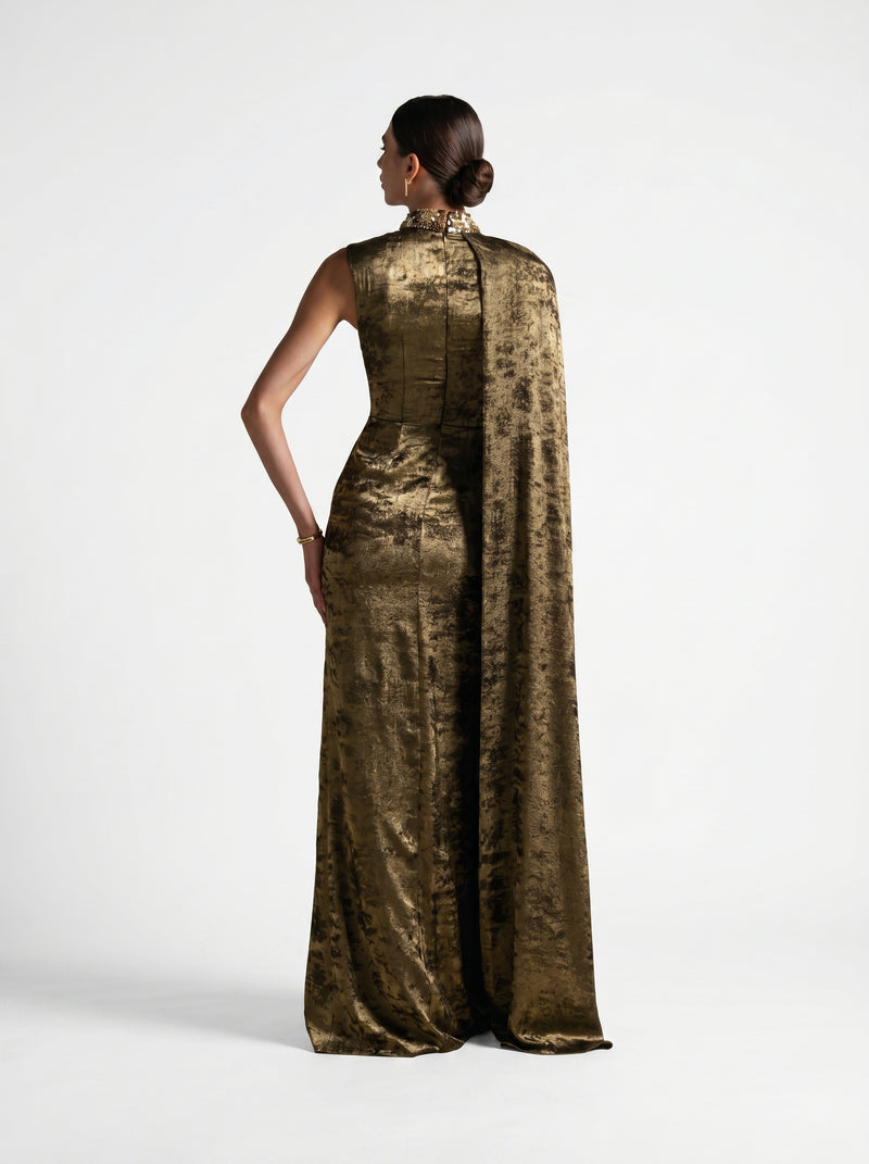 Grace Fatigue Green Cape Embellished Couture Gown