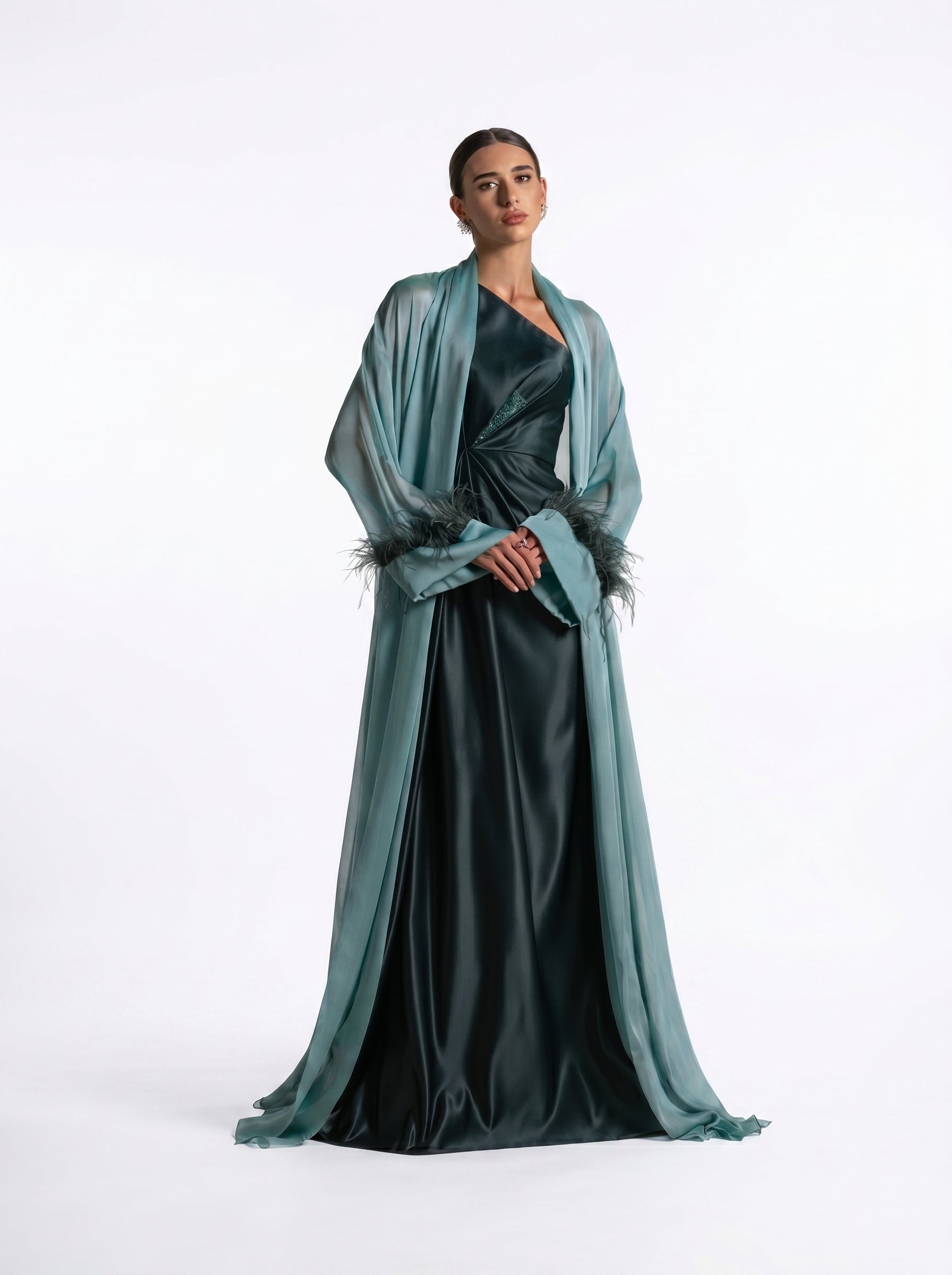 Blanche Emerald Green One-Shoulder Taffeta Satin Gown by MOOEi — Luxury Evening Wear Dubai