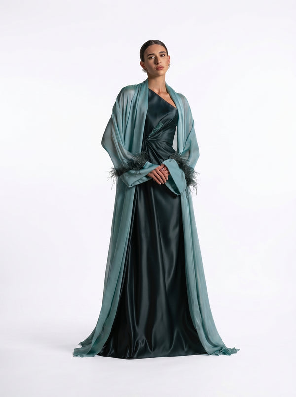 Blanche Emerald Green One-Shoulder Taffeta Satin Gown by MOOEi — Luxury Evening Wear Dubai