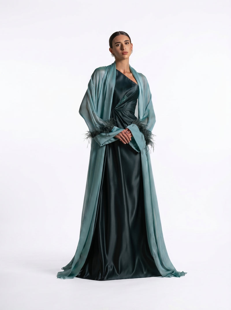 Blanche Emerald Green One-Shoulder Taffeta Satin Gown by MOOEi — Luxury Evening Wear Dubai