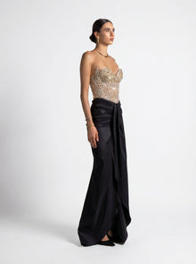 Marguerite Black Beaded Corset Bodice Draped Skirt Couture Gown