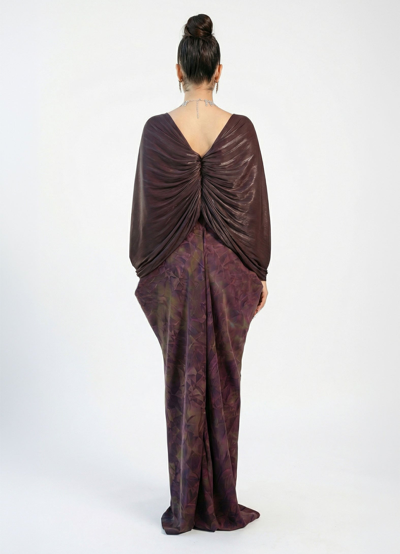 Yara Eggplant Satin Off Shoulder Gown side view by MOOEi — Luxury Evening Wear Dubai