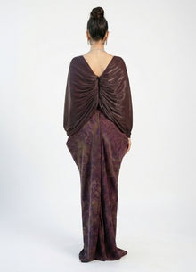 Yara Eggplant Satin Off Shoulder Gown side view by MOOEi — Luxury Evening Wear Dubai