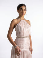 Avelisse Beige Beaded Gown close up by MOOEi — Luxury Evening Wear Dubai
