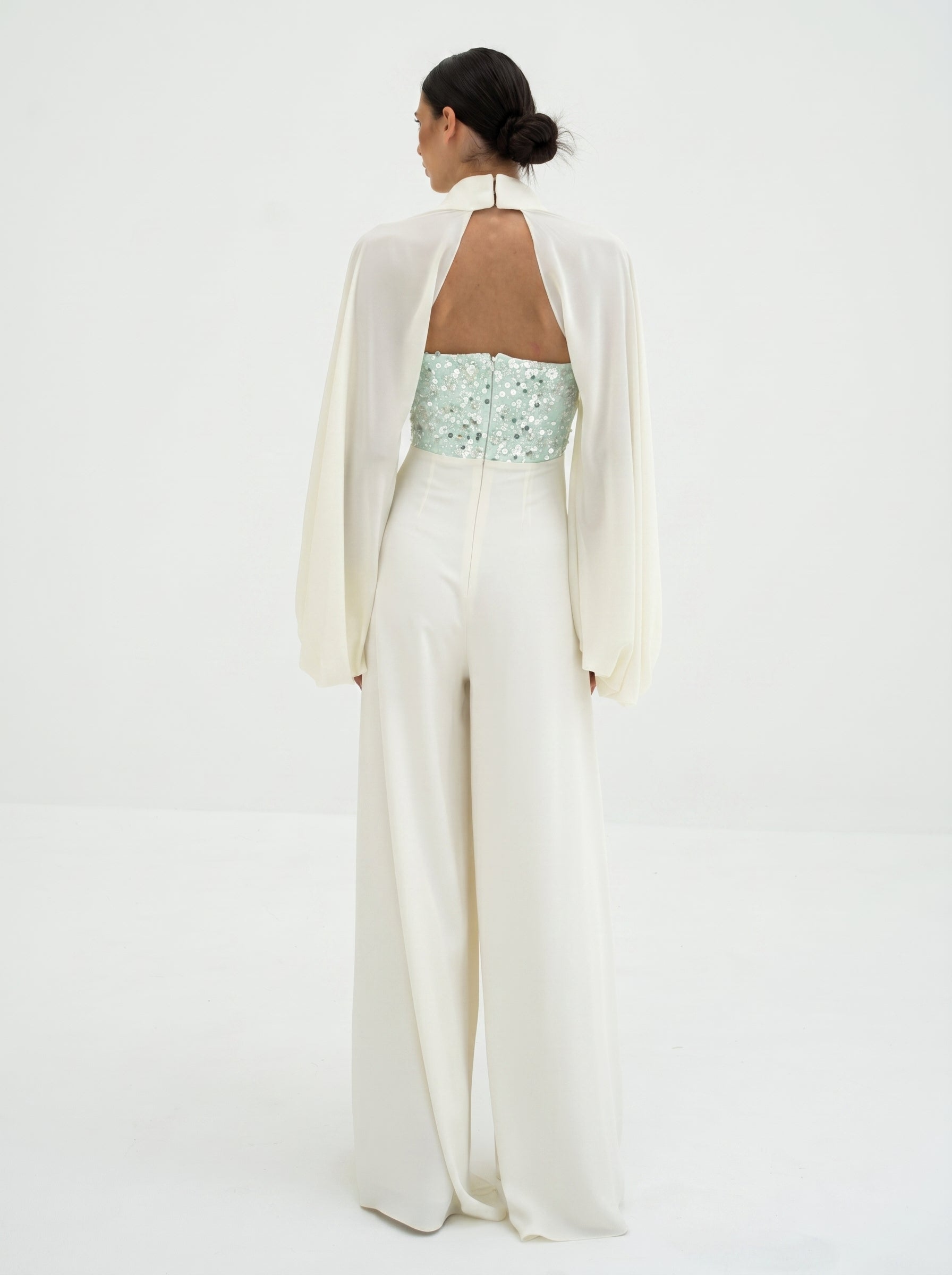 Celestine Ivory Embellished Couture Jumpsuit in Chiffon