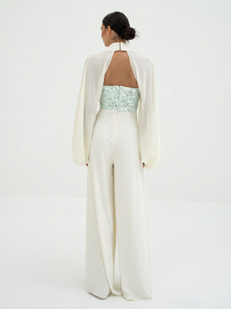 Celestine Ivory Embellished Couture Jumpsuit in Chiffon
