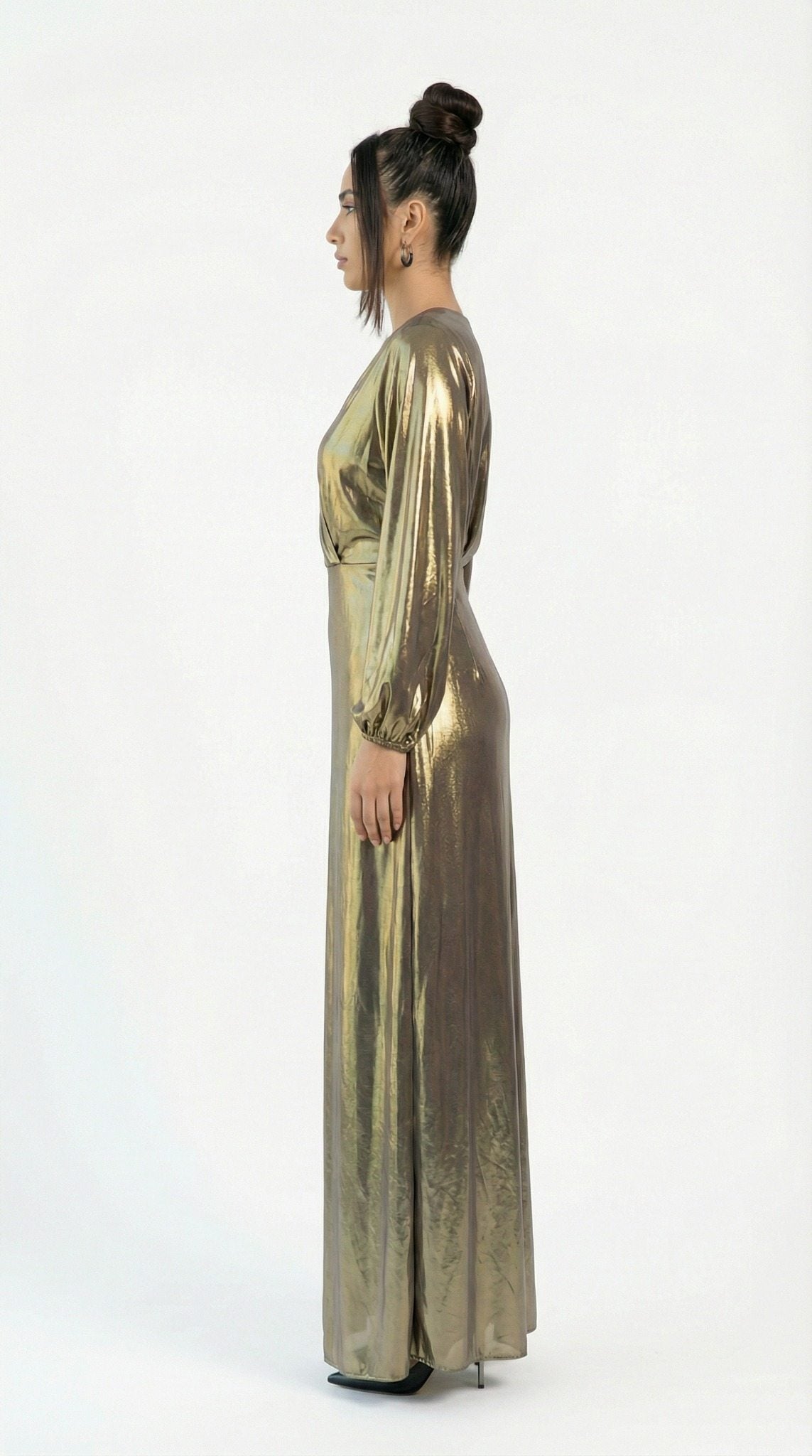 Hera Gold Chiffon Embroidered Gown detail by MOOEi — Luxury Evening Wear Dubai