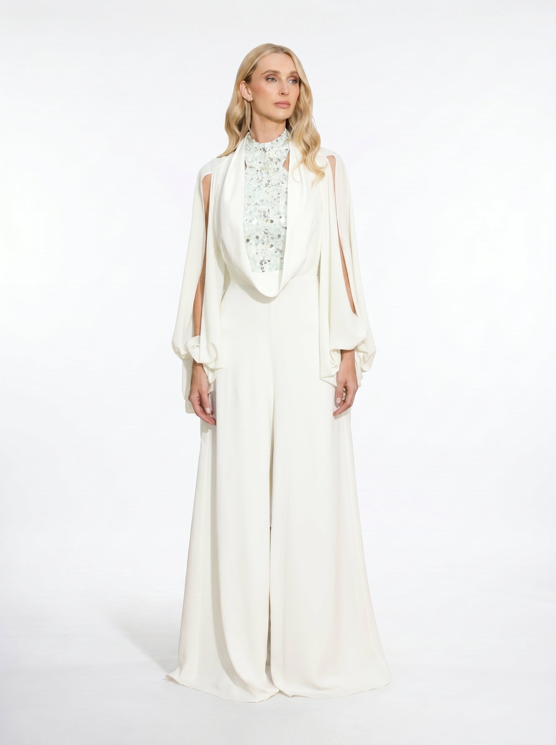 Celestine Ivory Embellished Couture Jumpsuit in Chiffon