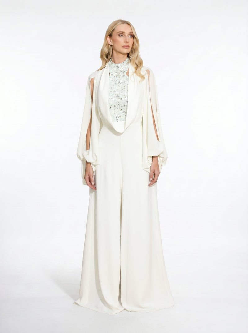 Celestine Ivory Embellished Couture Jumpsuit in Chiffon