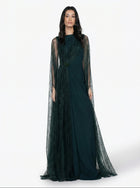 Birkin Emerald Green Crepe Satin Lace Bodice Draped Gown by MOOEi — Luxury Evening Wear Dubai