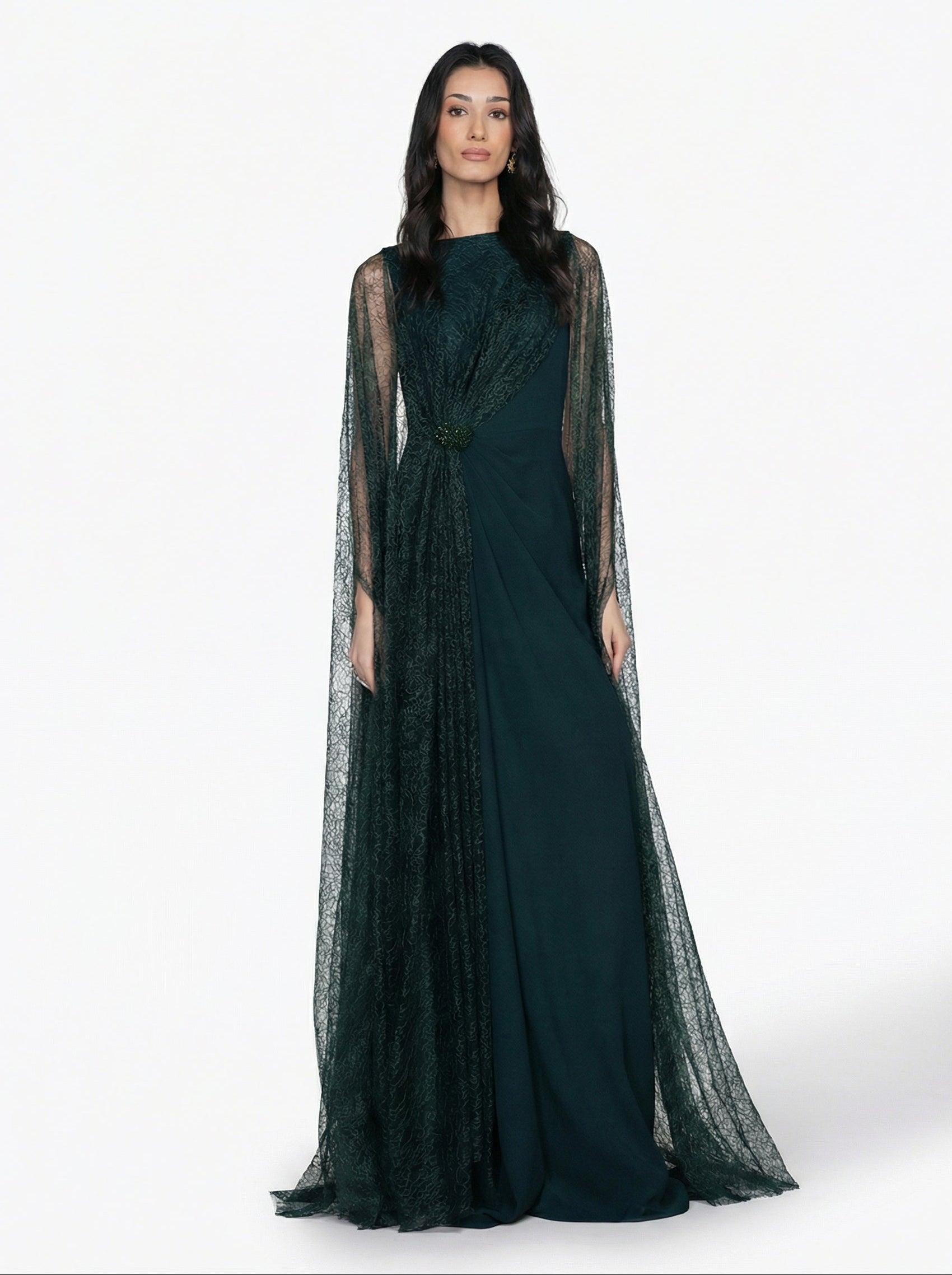 Birkin Emerald Green Crepe Satin Lace Bodice Draped Gown by MOOEi — Luxury Evening Wear Dubai