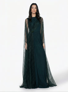 Birkin Emerald Green Crepe Satin Lace Bodice Draped Gown by MOOEi — Luxury Evening Wear Dubai