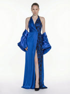 Midnight Royal Blue Satin Lace Halter Cape Two Piece Gown by MOOEi — Luxury Evening Wear Dubai