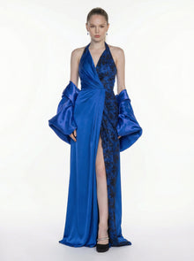 Midnight Royal Blue Satin Lace Halter Cape Two Piece Gown by MOOEi — Luxury Evening Wear Dubai
