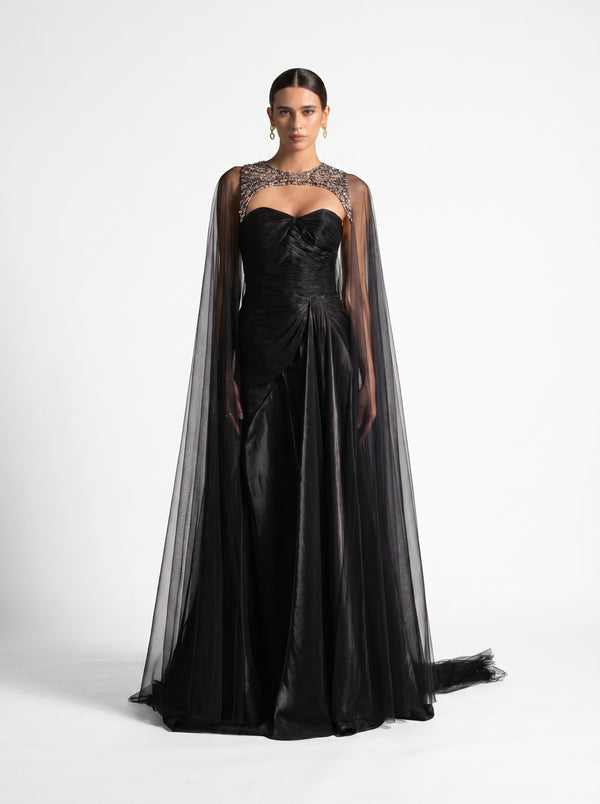 Neriah Black Sweetheart Embellished Sheer Tulle Cape Couture Gown
