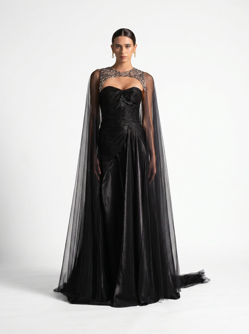 Neriah Black Sweetheart Embellished Sheer Tulle Cape Couture Gown