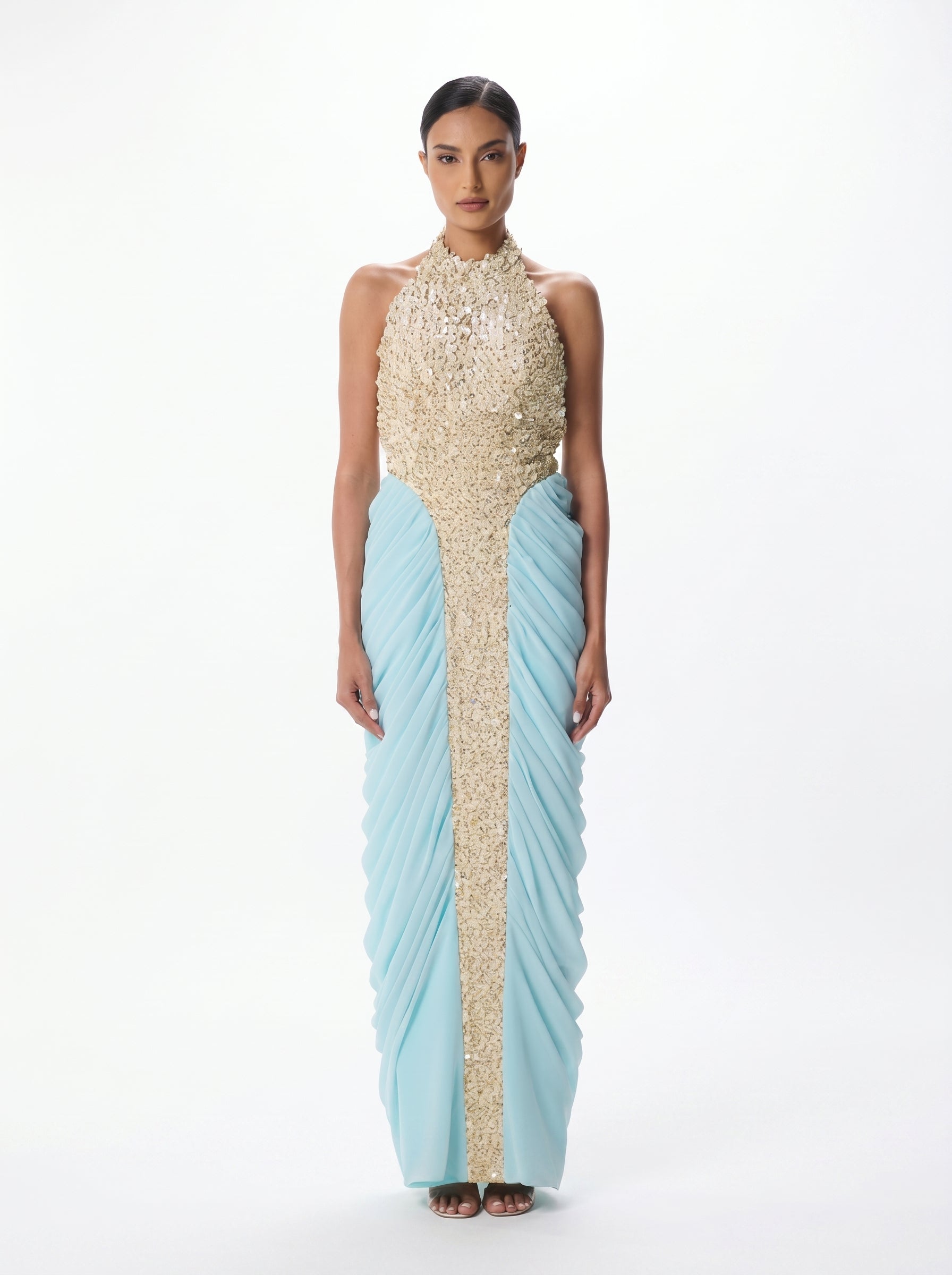 Lindy Gold Blue Sequin Halter Column Gown