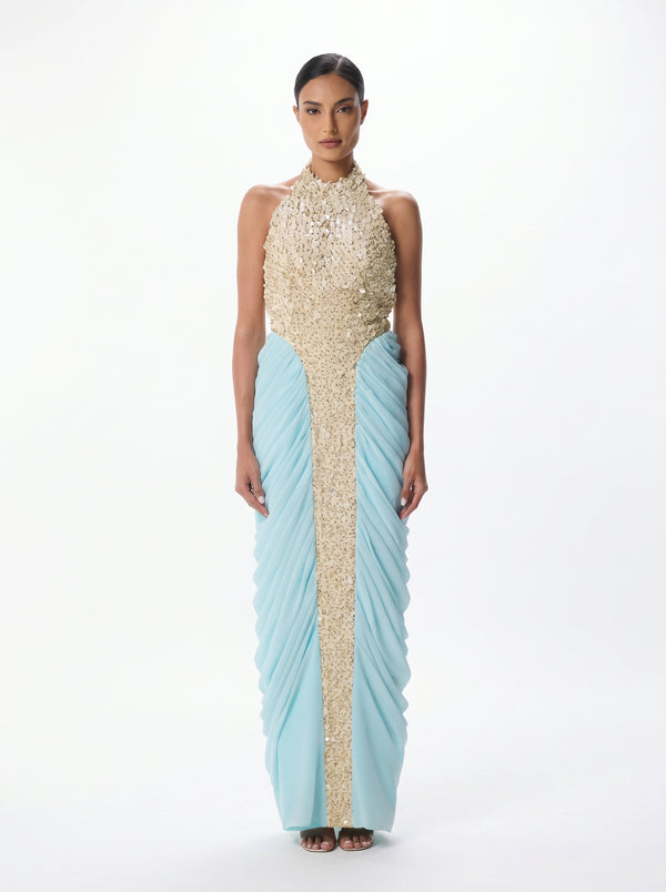 Lindy Gold Blue Sequin Halter Column Gown