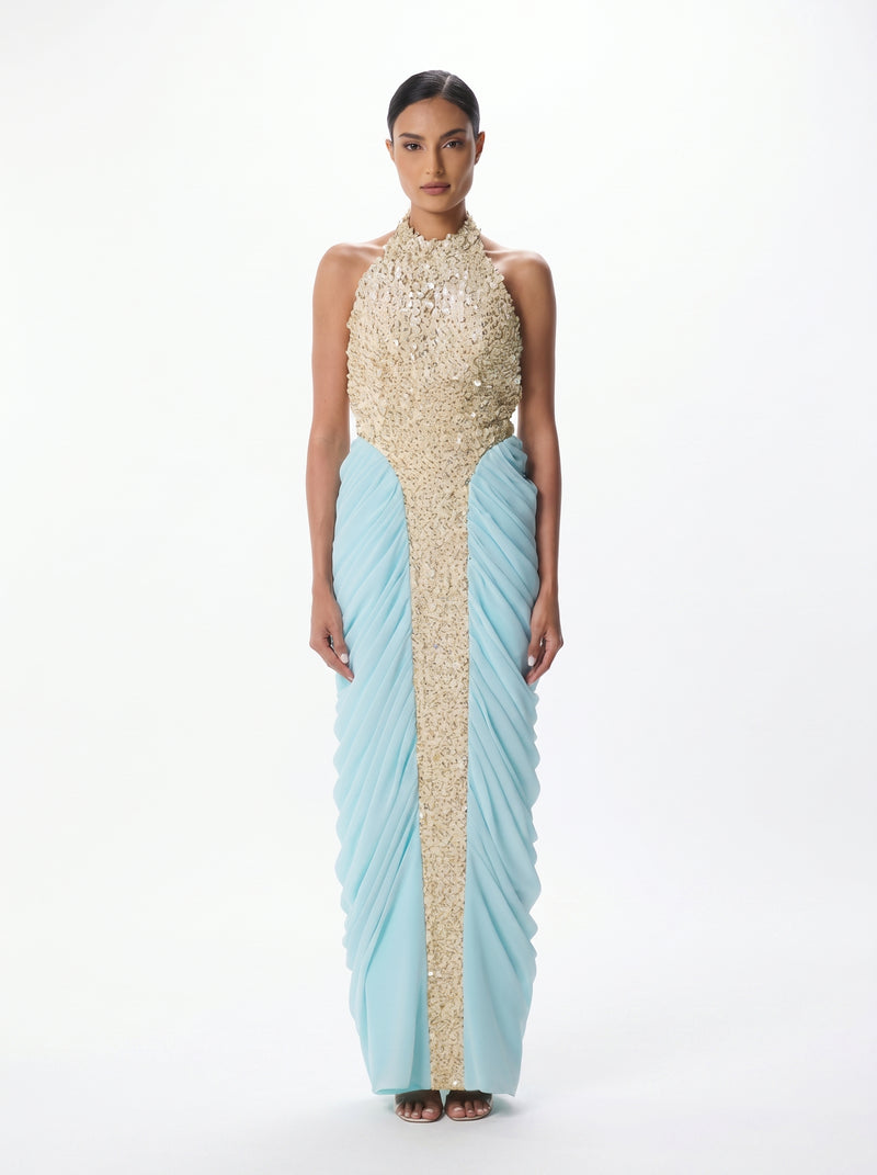 Lindy Gold Blue Sequin Halter Column Gown
