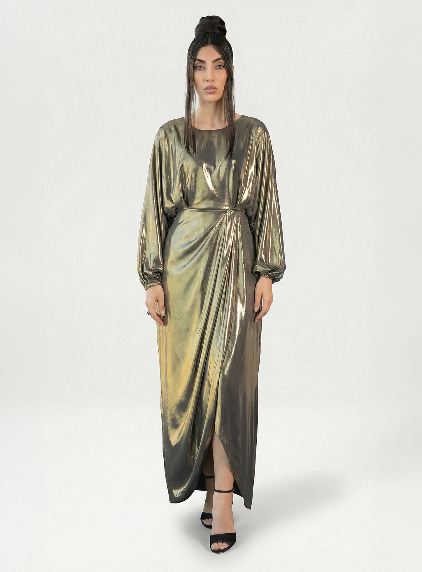 Hera Metallic Gold Chiffon Pleated Embroidered Cuff Gown by MOOEi — Luxury Evening Wear Dubai