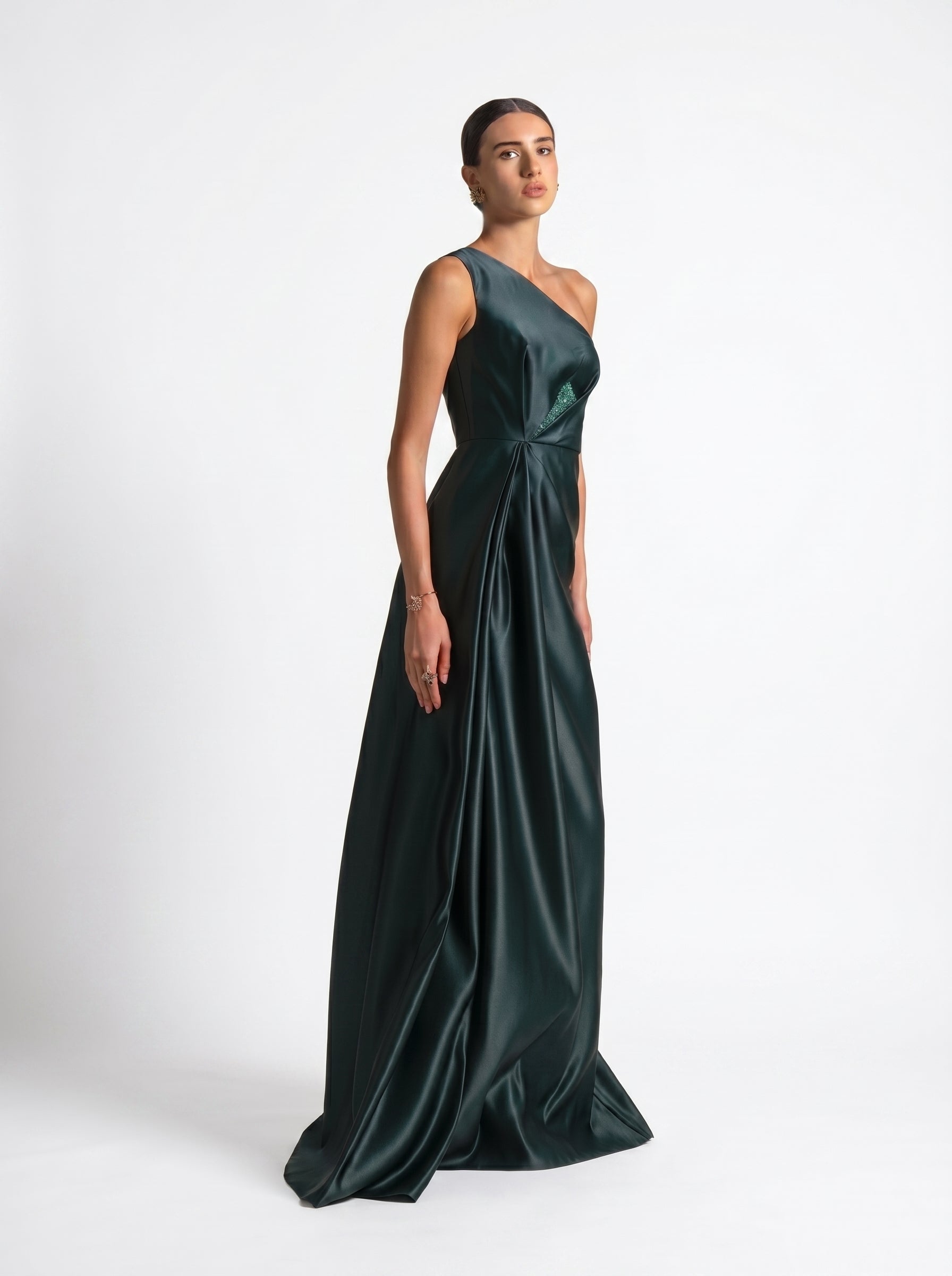 Blanche Emerald One Shoulder Gown fabric detail by MOOEi — Luxury Evening Wear Dubai