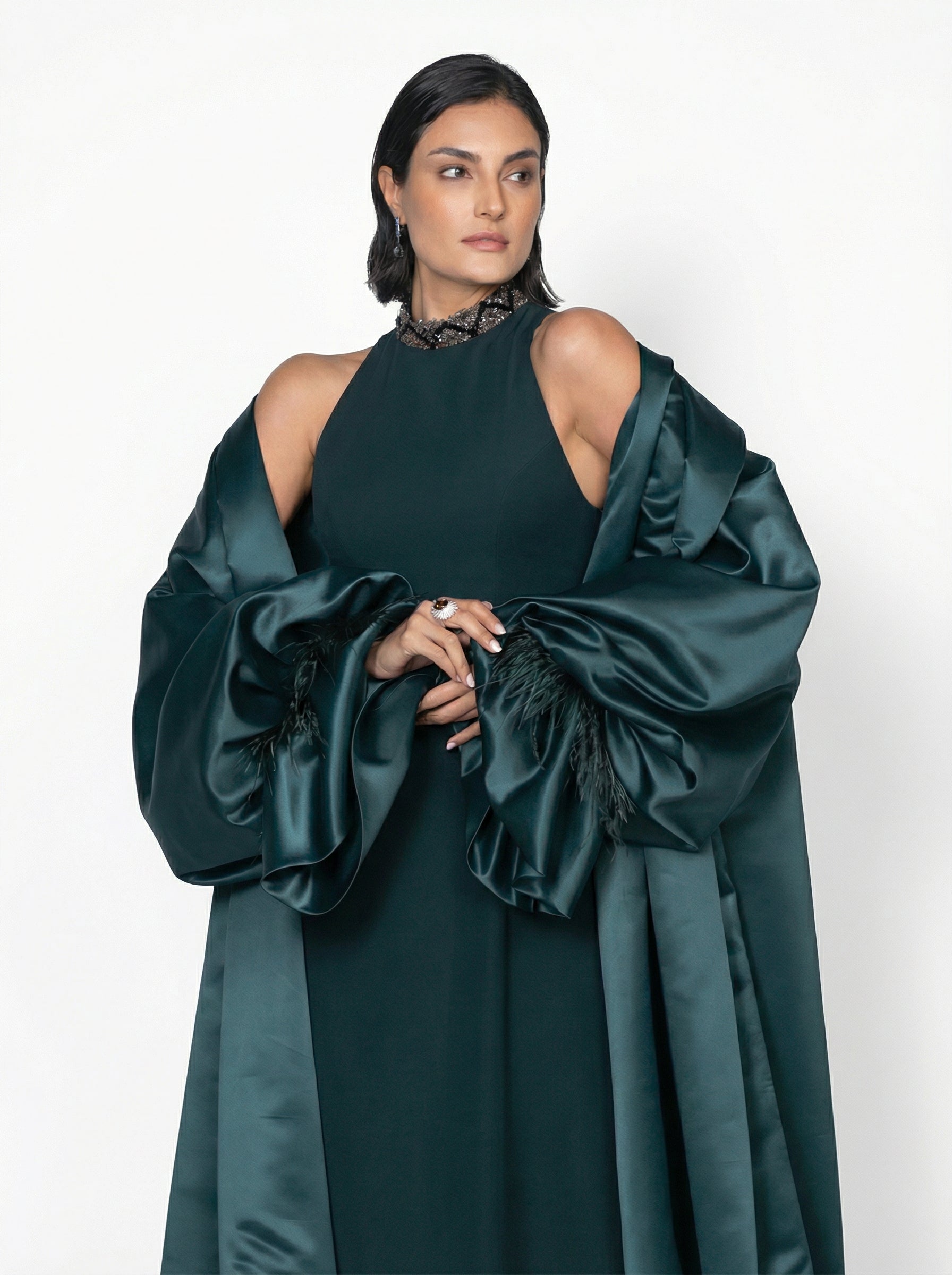 Majestique Emerald Feather Set close up by MOOEi — Luxury Evening Wear Dubai