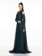 Pochette Emerald Feather Detail Gown back by MOOEi — Luxury Evening Wear Dubai