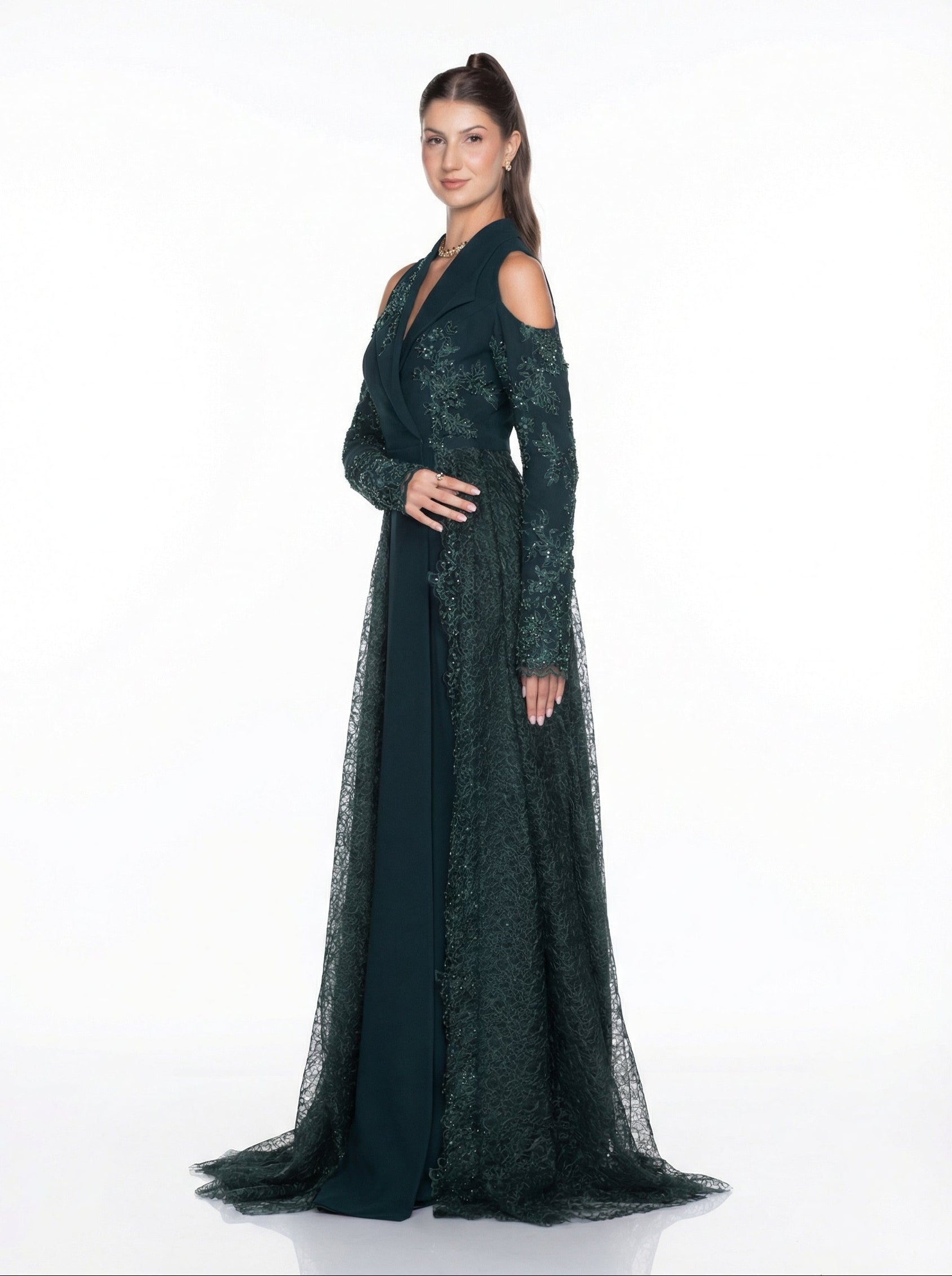 Pochette Emerald Feather Detail Gown back by MOOEi — Luxury Evening Wear Dubai