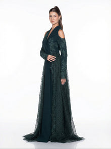 Pochette Emerald Feather Detail Gown back by MOOEi — Luxury Evening Wear Dubai