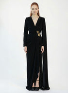 Nia Black Velvet Dramatic Evening Gown by MOOEi — Luxury Evening Wear Dubai