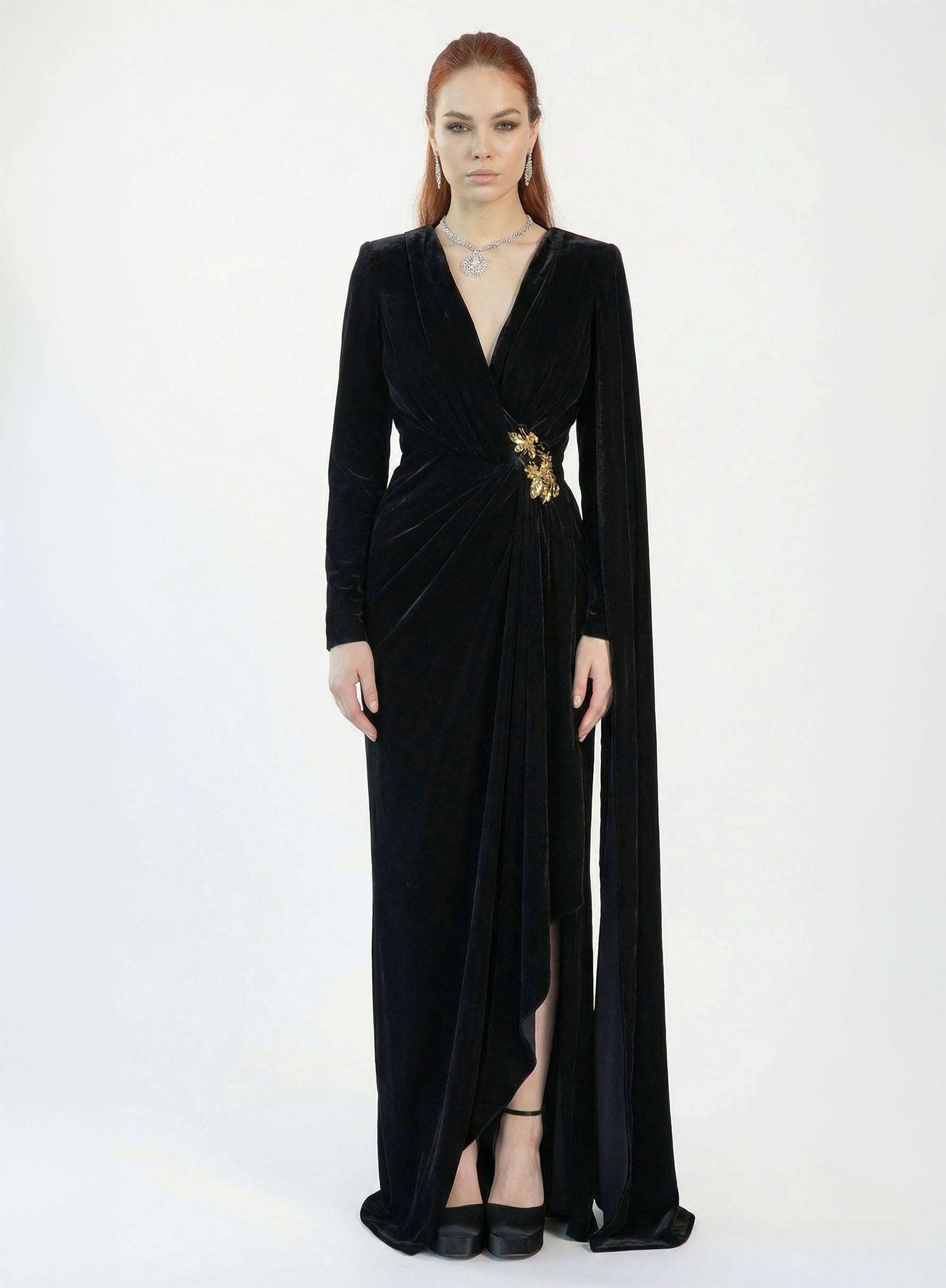 Nia Black Velvet Dramatic Evening Gown by MOOEi — Luxury Evening Wear Dubai