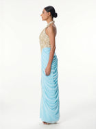Lindy Gold Blue Sequin Halter Column Gown