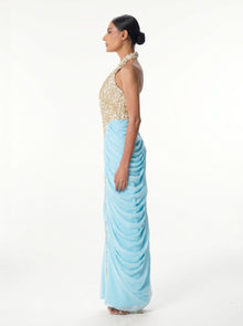 Lindy Gold Blue Sequin Halter Column Gown