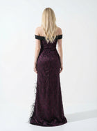 Amira Deep Plum Off Shoulder Feather Gown side view by MOOEi — Luxury Evening Wear Dubai
