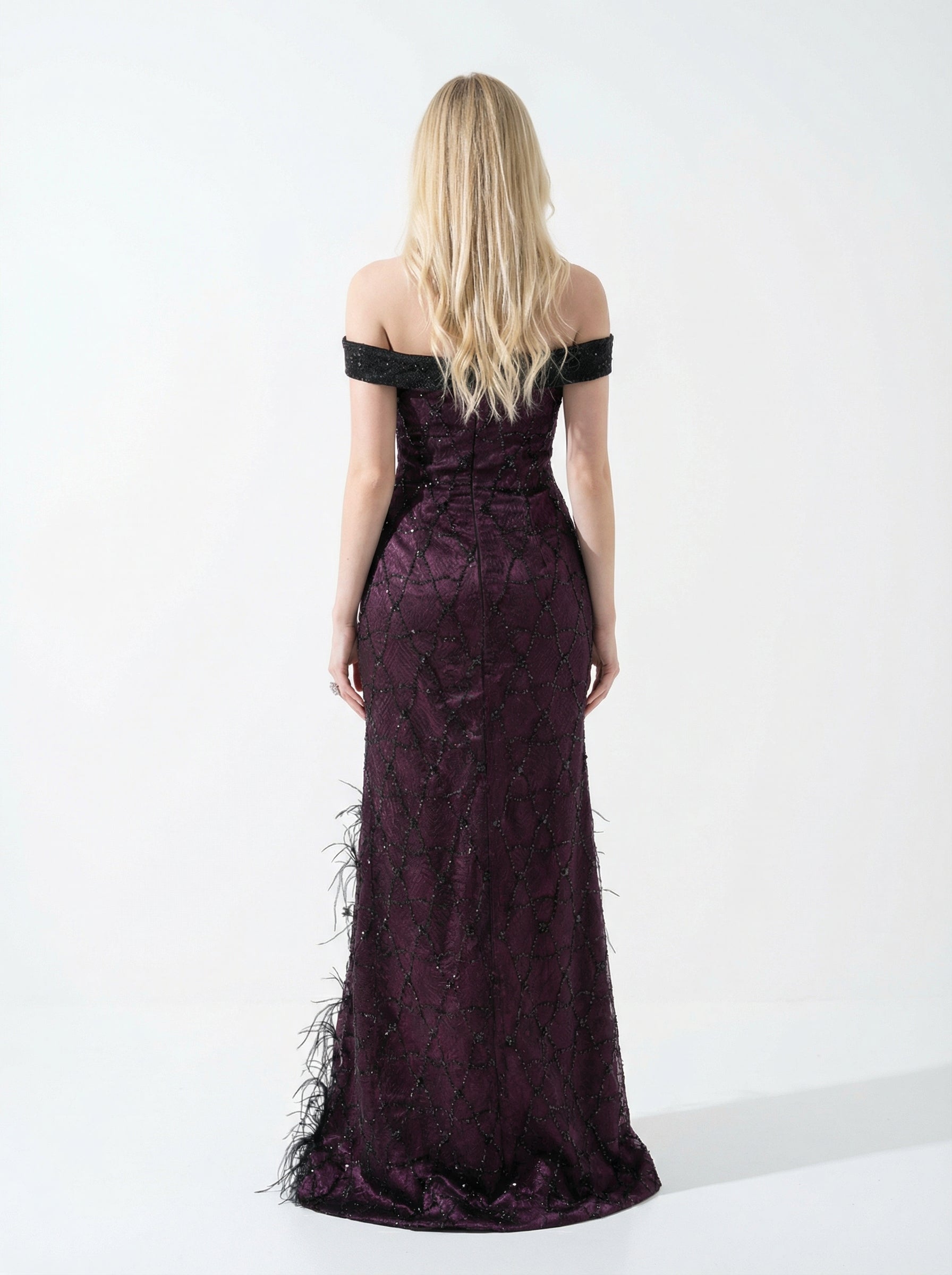 Amira Deep Plum Off Shoulder Feather Gown side view by MOOEi — Luxury Evening Wear Dubai