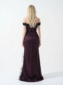Amira Deep Plum Off Shoulder Feather Gown side view by MOOEi — Luxury Evening Wear Dubai