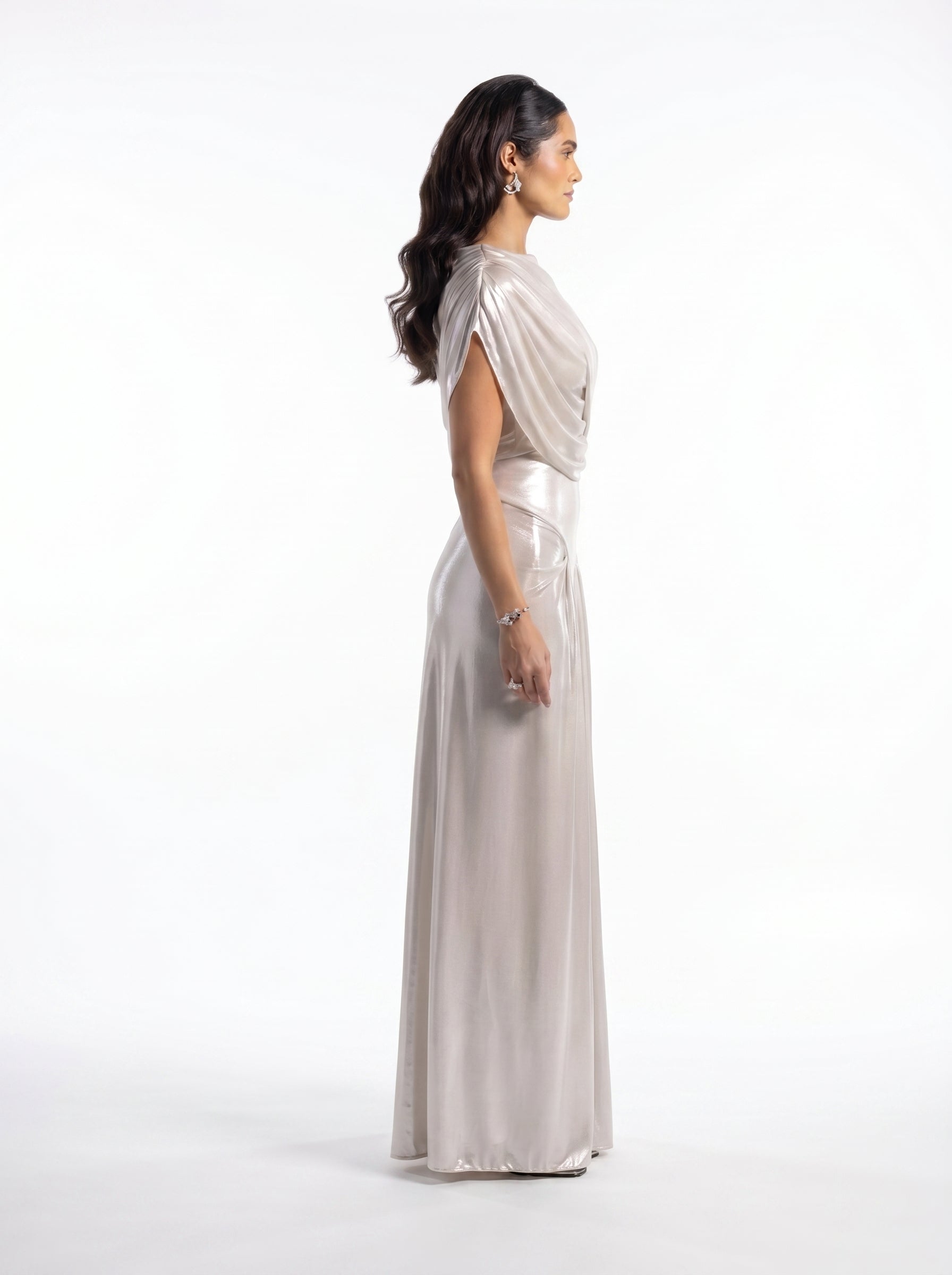 Amalia Silver Asymmetric Set detail by MOOEi — Luxury Evening Wear Dubai