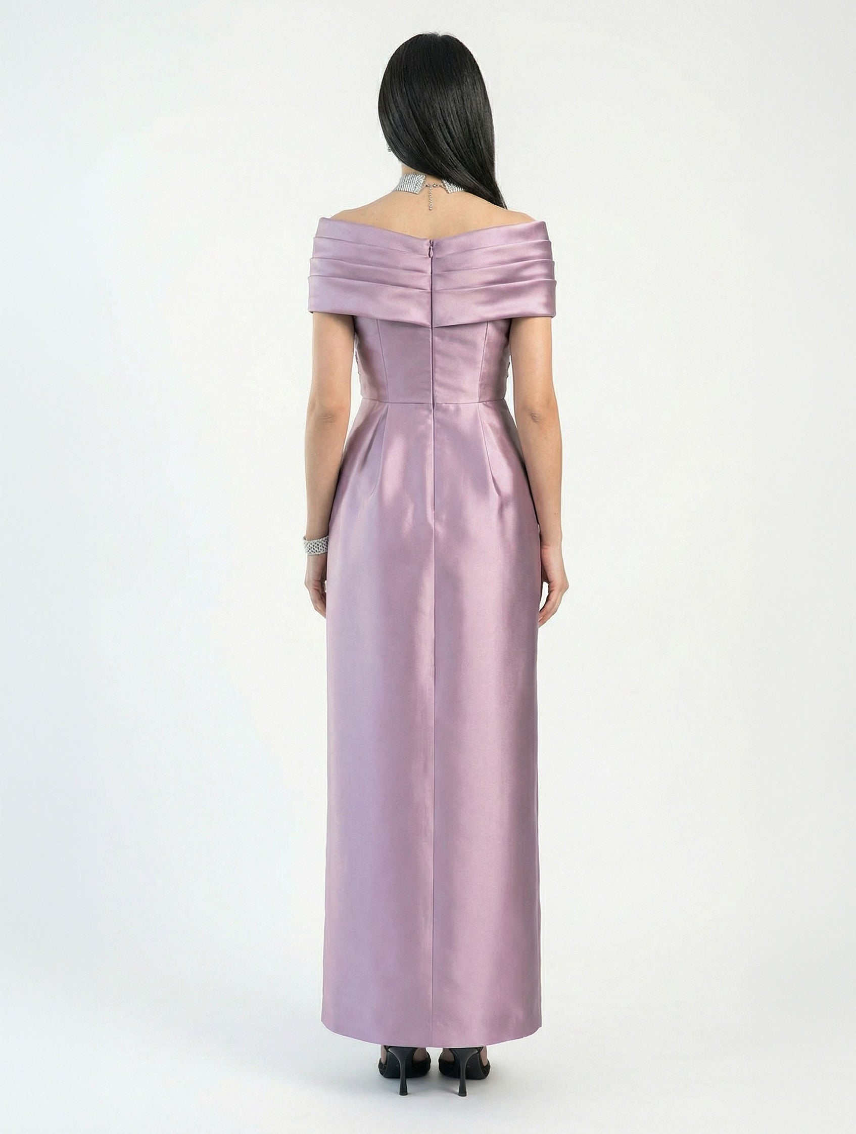 Nadia Lilac Satin Wide Leg Jumpsuit side view by MOOEi — Luxury Evening Wear Dubai