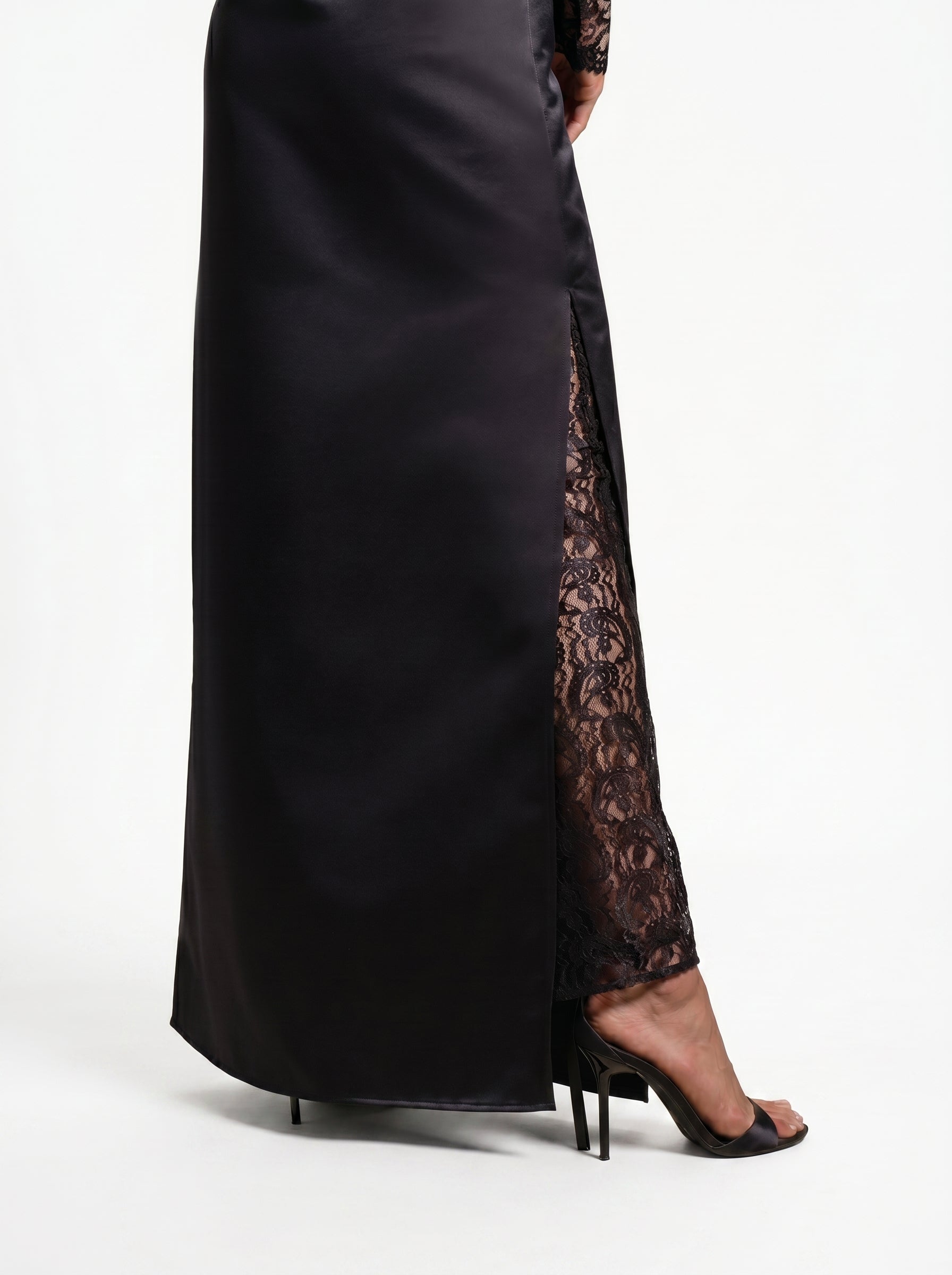 Eterna Black Satin French Lace Wrap Gown