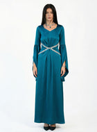 Solana Teal Satin Rhinestone Embellished V Neck Gown by MOOEi — Luxury Evening Wear Dubai