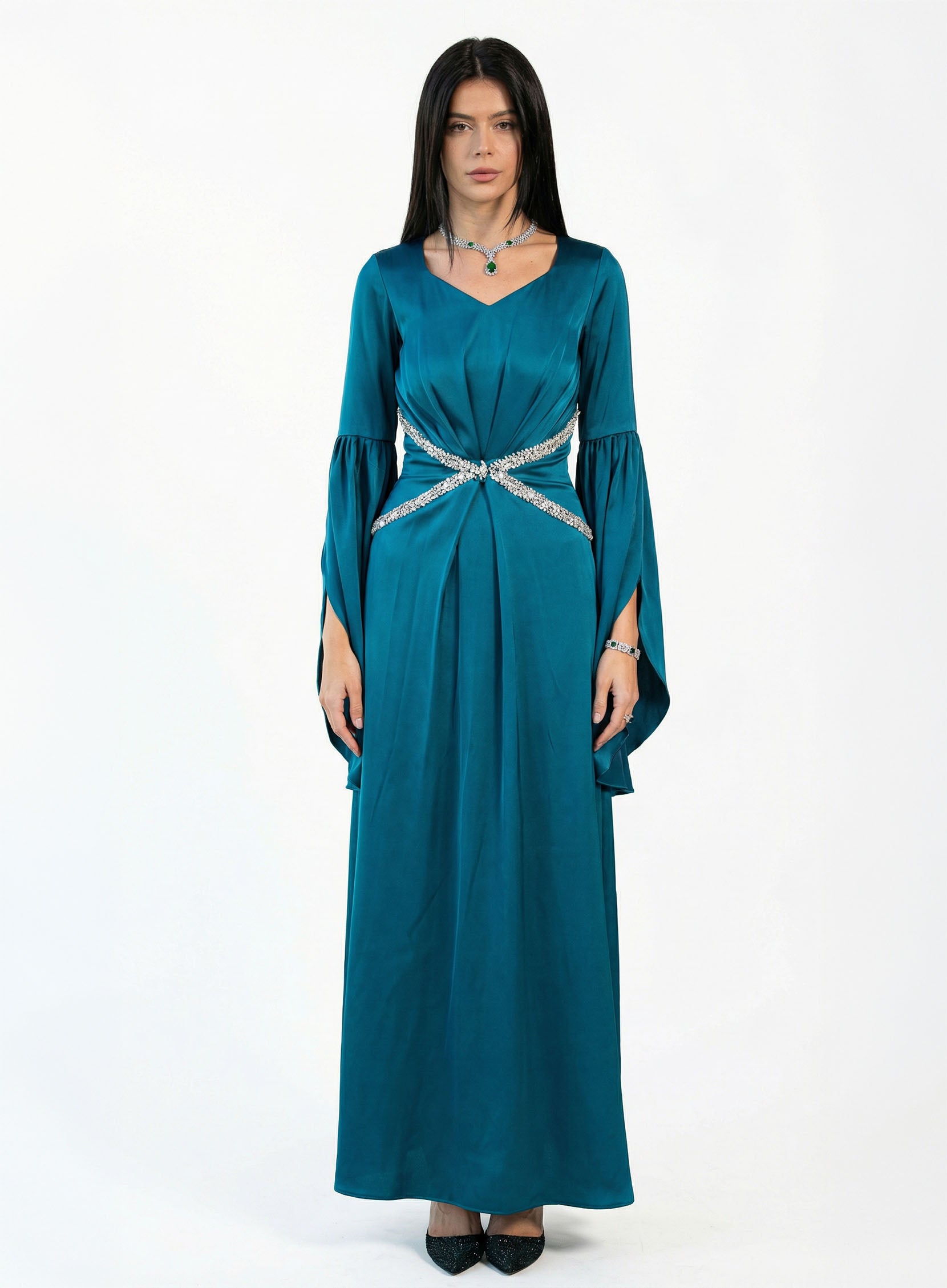 Solana Teal Satin Rhinestone Embellished V Neck Gown by MOOEi — Luxury Evening Wear Dubai