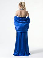 Midnight Royal Blue Halter Cape Gown side view by MOOEi — Luxury Evening Wear Dubai