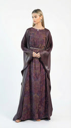 Asha Plum Print Cape Set close-up by MOOEi — Luxury Evening Wear Dubai