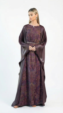 Asha Plum Print Cape Set close-up by MOOEi — Luxury Evening Wear Dubai