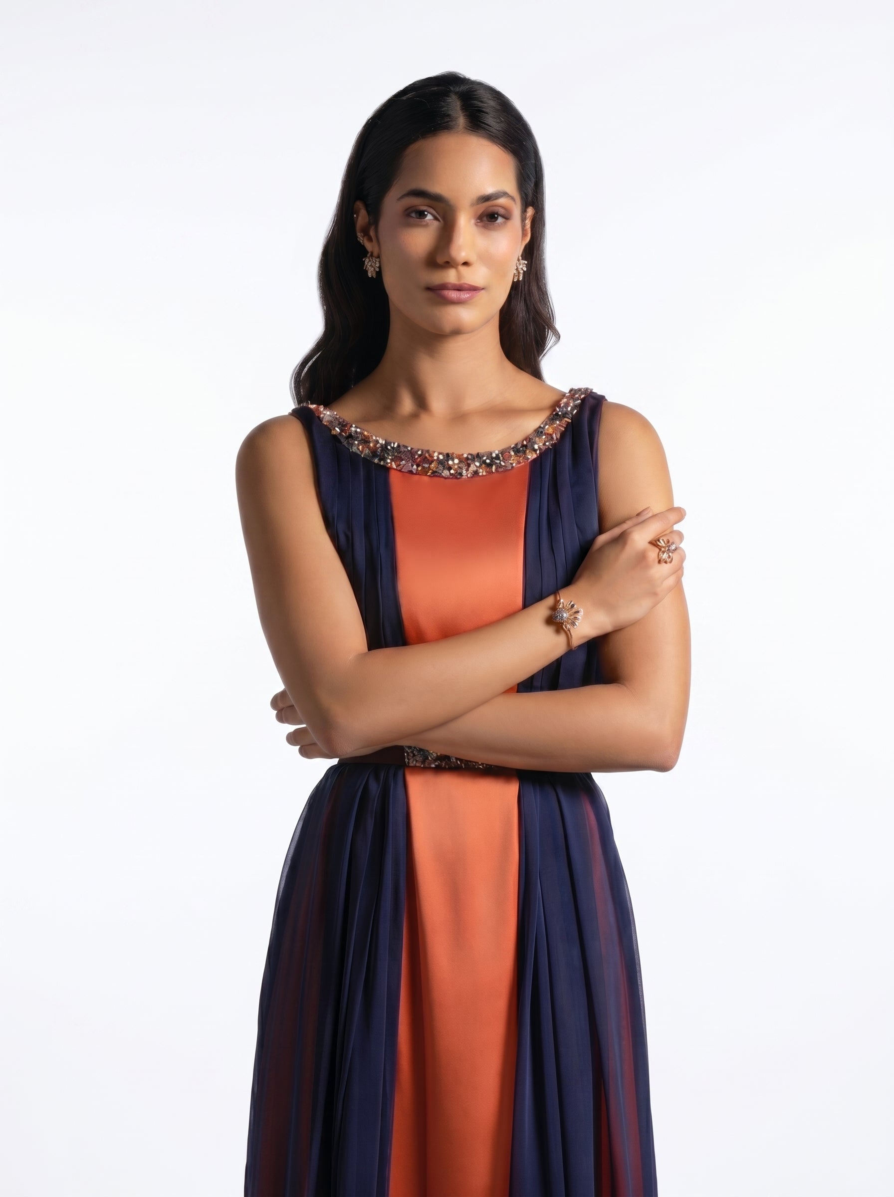 Irene Navy Blue Tangerine Chiffon Gown | MOOEi