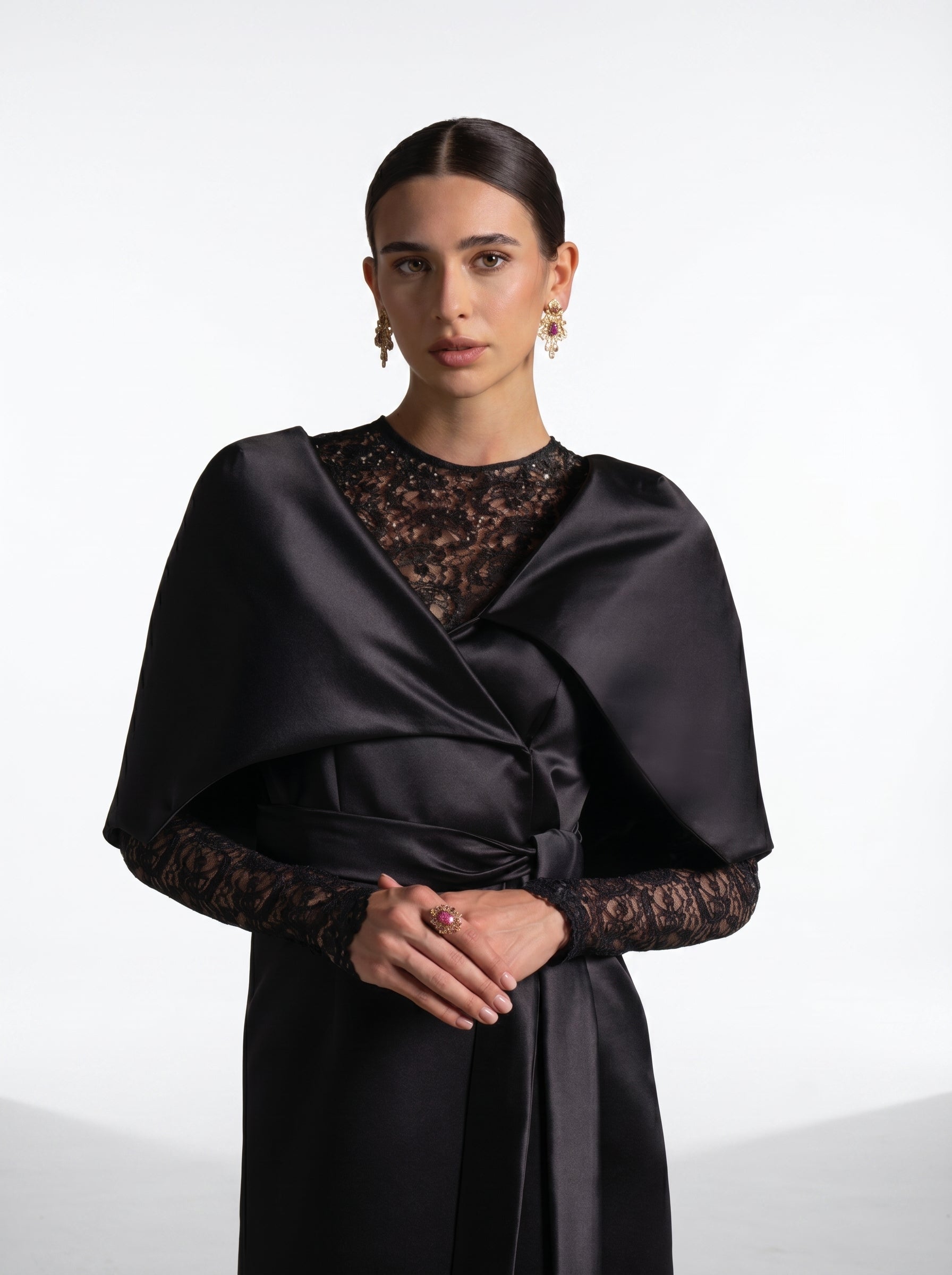 Eterna Black Satin French Lace Wrap Gown
