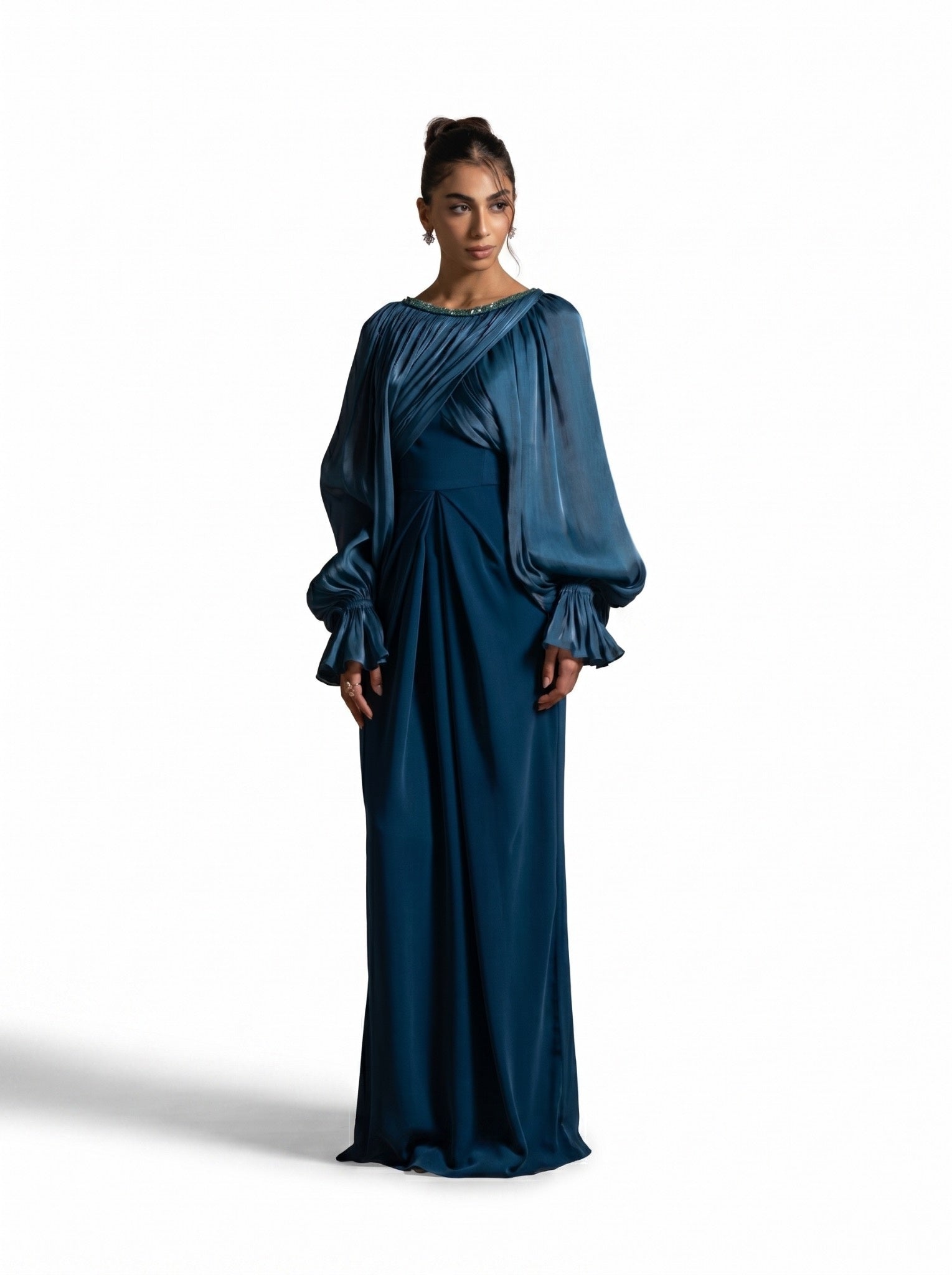 Zoe Turquoise Pleated Organza Crepe Gown