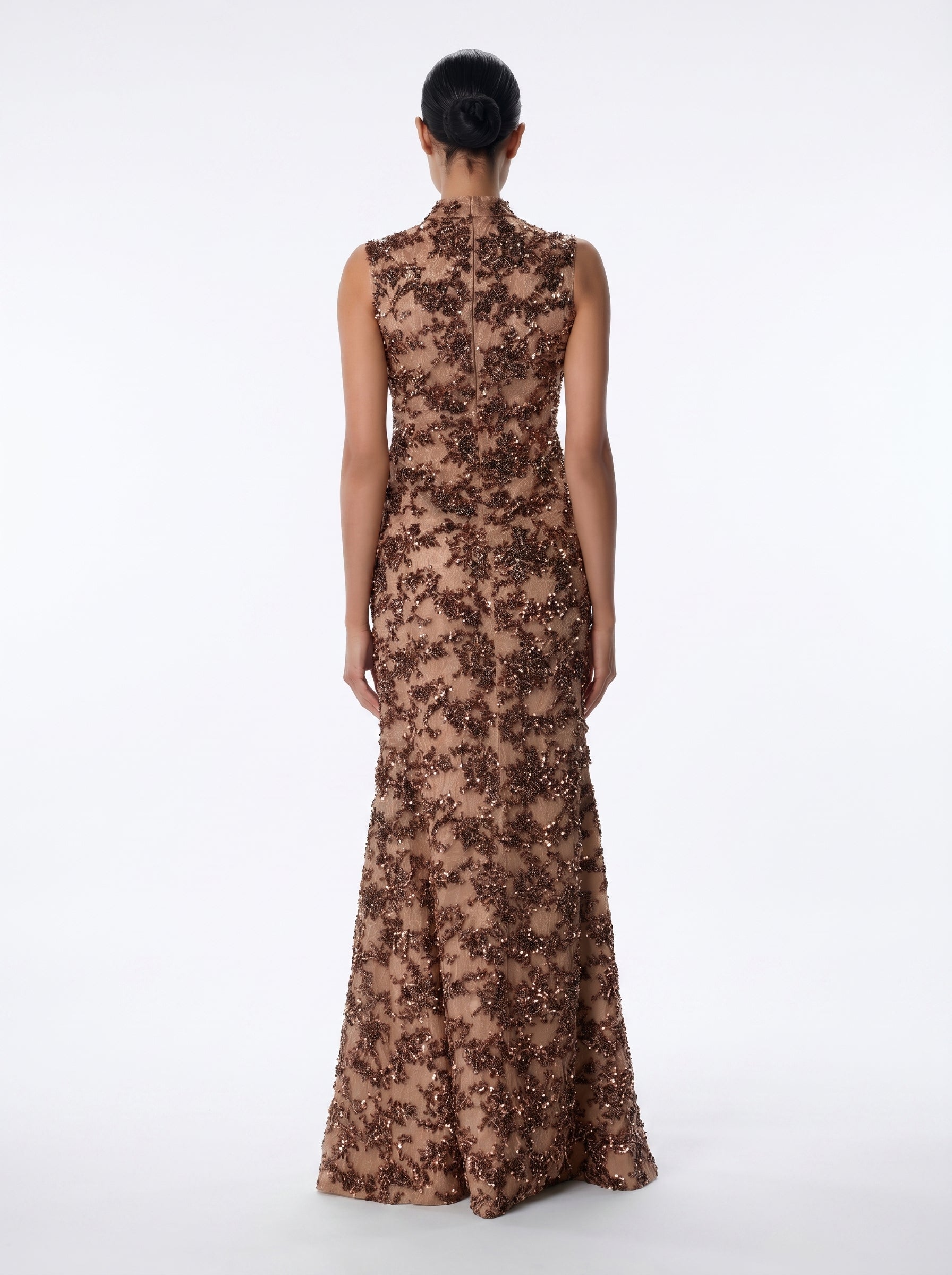 Sultana Chocolate Sequin Lace Column Gown with Cape